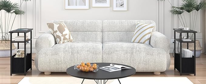 Narrow Side Table with Charging Station, Small End Table for Small Spaces, Skinny Nightstands with Storage Basket, 3 Tier Sofa Couch Bedside Tables for Living Room,Bedroom, Black