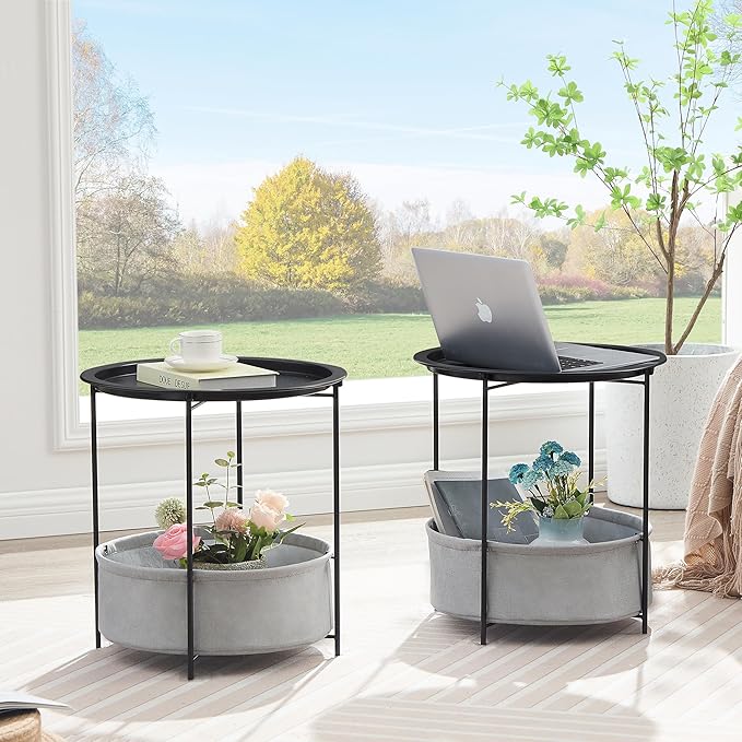 VECELO Round Side/End Table with Fabric Storage Basket，Metal Anti-Rust and Waterproof Small Bedside Nightstand with Removable Tray Top for Living Room，Balcony & Laundry，Black /2pcs with Basket