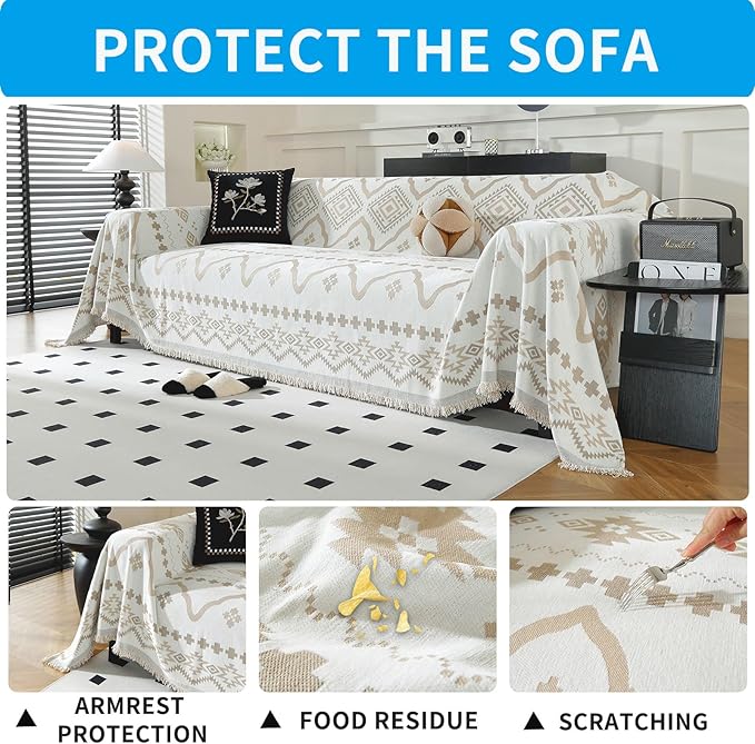 LUFEIJIASHI Boho Couch Covers for Sofa Non Slip Sofa Covers Washable Couch Covers for 3 Cushion Couch Sofa Pet Friendly Sectional Couch Cover Blanket Furniture Protector for Dogs (Khaki, 71"x134")