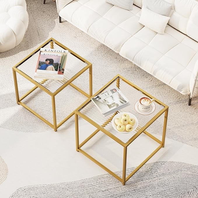 Garden 4 you Coffee Table Set of 2, Modern Patterned Glass Nesting Table, Metal Frame Square Center Table Set, Side Tables, Nesting Coffee Table for Living Room, Bedroom and Small Spaces, 19.7in Gold