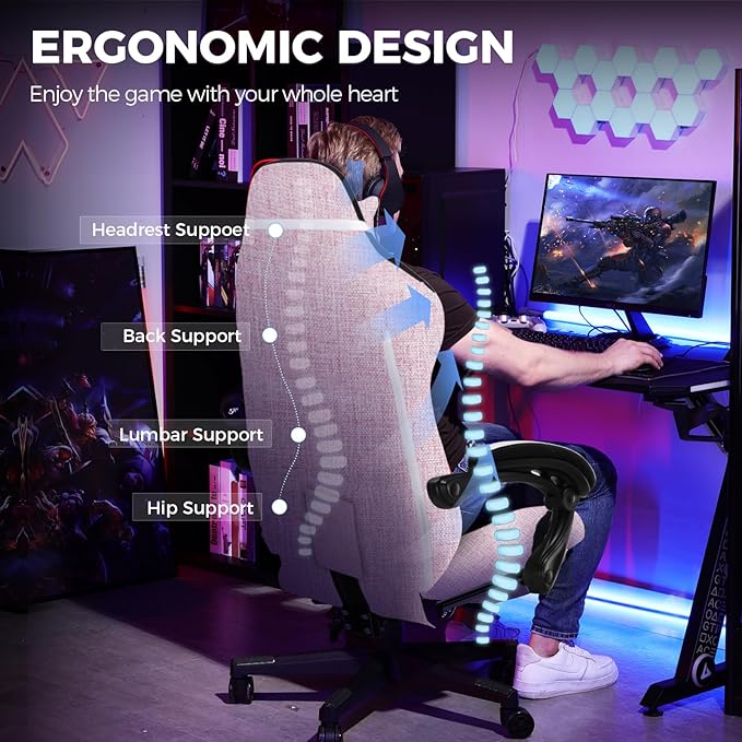 GTPLAYER Gaming Chair with Footrest, Big and Tall Game Chair High Back Computer Office Chair with Lumbar Support for Adults, Ergonomic Swivel Games Chair with Cushion Gaming Black Linen Fabric Pink