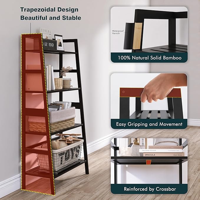 HITNET Black Bookshelf, 4-Tier Ladder Shelf, Freestanding Leaning Bookcase with Bamboo Shelves, Space Saving Flower Plant Stand for Small Space