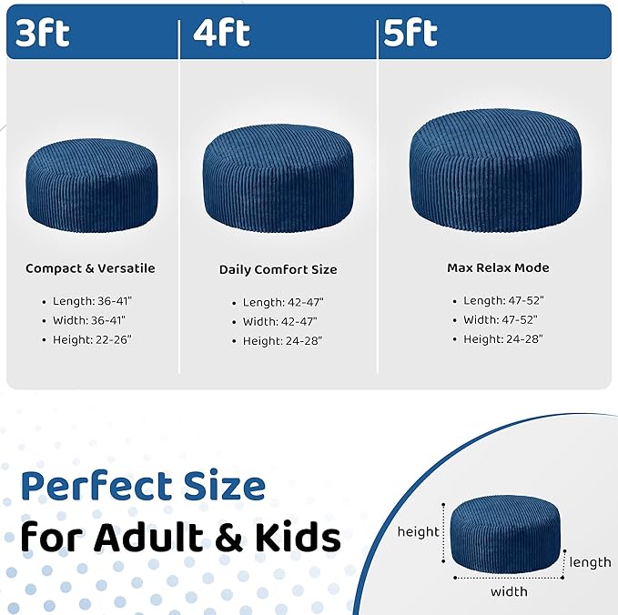 HABUTWAY 3FT Bean Bag Chair, 3' Large Bean Bag Chairs for Adults with Removable Stripe Plush Cover, Memory Foam Beanbag Chair for Living Room Bedroom Dorm (Blue)