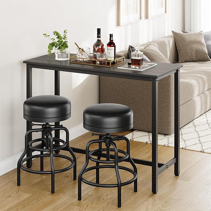 Adjustable Height Swivel Bar Stools Set of 3, 22-29 Inch Industrial Vintage Bar Counter Height Stools with Thicken Premium Bonded Leather Seats & Updated Footrests, Easy Assembly, Black