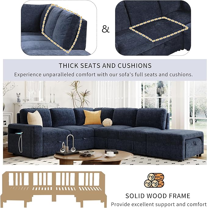 Merax L-Shaped Modular Sectional Sofa with Removable Storage Ottoman, USB Ports and Cup Holder, 6-Seats Upholstered Couch & Armrest, Free Combination Indoor Furniture for Living Room, Apartments, Blue