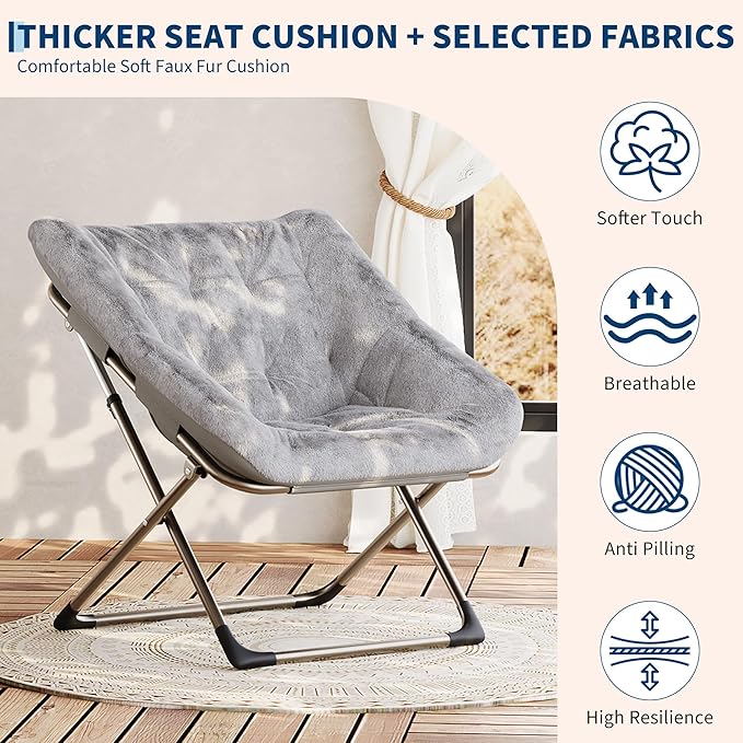 Comfy Chair for Adults, Foldable Living Room Chairs, Soft Faux Fur Folding Lounge for Bedroom Living Room Dorm Rooms, Flexible Reading Chair for Teens (1, Gray, X-Large)
