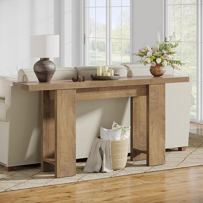 63-Inch Farmhouse Console Table, Narrow Long Sofa Table Behind Couch, Wooden Style Entry Console for Entryway, Foyer, Hallway, Living Room, Light Brown