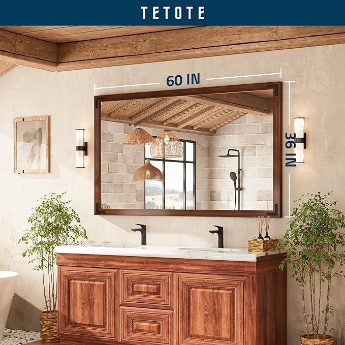 TETOTE 60 x 36 Rustic Bathroom Mirror Wood Frame, Waterproof Walnut Brown Farmhouse Wooden Framed Rectangle Bathroom Vanity Mirror for Modern Boho Decor, Horizontal/Vertical, Easy to Install