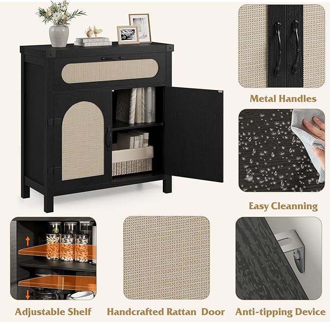 Garvee 29.9'' Small Rattan Buffet Cabinet with Storage, Kitchen Coffee Bar Cabinet with Doors and Drawer, Boho Farmhouse Sideboard with Adjustable Shelves and Handle for Living Room, Black