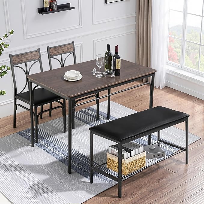 VECELO Kitchen Dining Table Set with Upholstered Bench & 2 Chairs | Space-Saving Compact Design | Perfect for Small Apartments, Breakfast Nooks