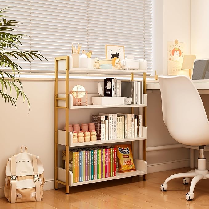 Wide Open Shelf Bookcase - Modern 4-Tier Floor Standing Display Bookshelf with Three-Side Baffles for Home and Office, Storage Shelving in Warm White with Gold Frame