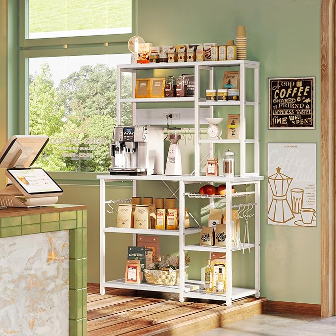 SUPERJARE Large Bakers Rack with Power Outlets, 6-Tier Microwave Stand, Coffee Bar with 12 S-Shaped Hooks, Kitchen Shelf with Wire Basket, 39.3 x 15.5 x 66.9 Inches, White