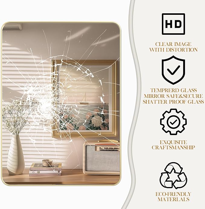 28×36 Gold Bathroom Mirror, Rectangular Bathroom Vanity Mirror for Wall with Rounded Corners & Aluminum Alloy Frame, Tempered-Glass, Modern, Farmhouse, Horizontal/Vertical, Entryway, Bedroom