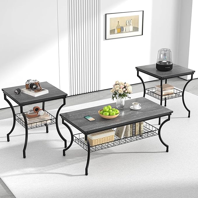 VECELO 3 Pieces Living Room Table Sets, Coffee and End Tables with Open Storage Shelves for Apartment, Home Office, Small Space, Easy Assembly, Dark Grey