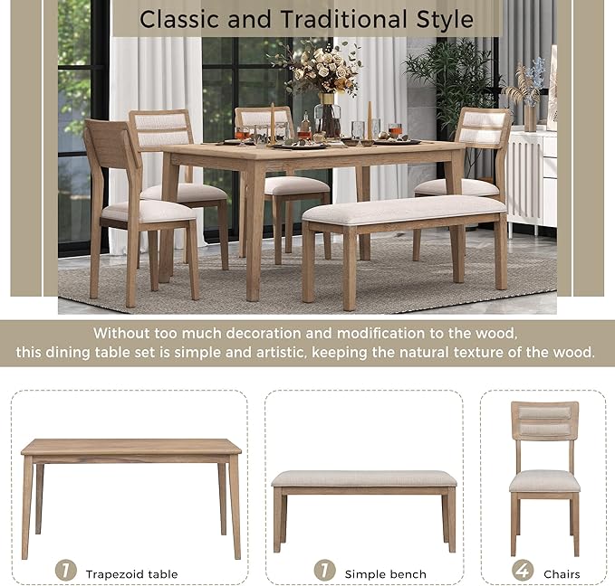 Ball & Cast 6 Piece Dining Table Set with 4 Upholstered Chairs & 1 Bench,Wooden Living Room Furniture W/ 60" Rectangle Kitchen Desk,for Restaurant,Home Bistro,Natural Wood Wash