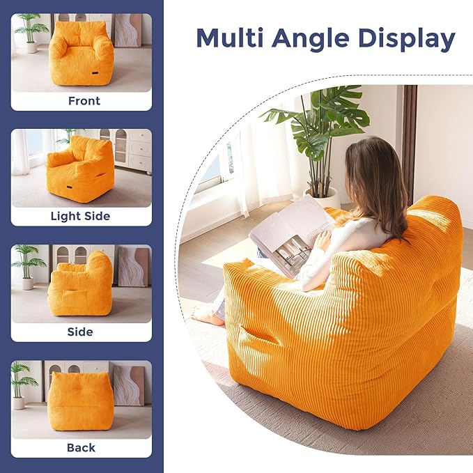 MAXYOYO Bean Bag Chair, Tufted Bean Bag Couch Lazy Chair, Living Room Sofa Couch with Filler for Adult Teens Kids, Corded Fabric Accent Sofa for Bedroom Dorm, Orange