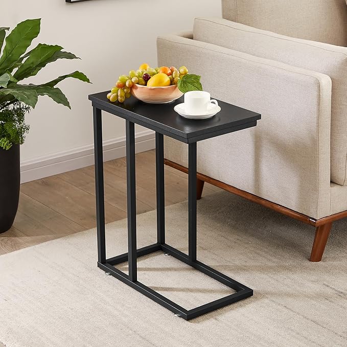 VECELO C Shaped End Side Table for Sofa Couch and Bed Snack TV Tray for Living Room Bedroom, 1 Set, Black