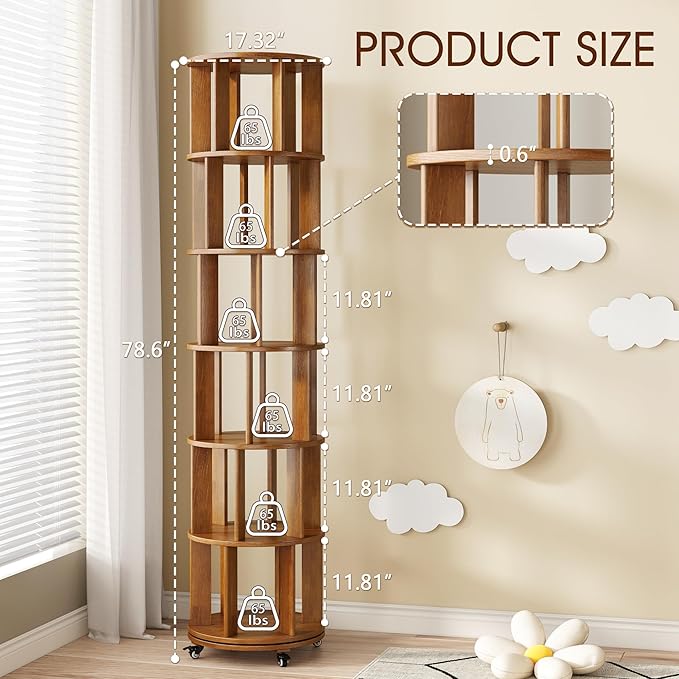 6 Tier Solid Wood Rotating Bookcase with Wheels, Round Revolving Bookshelf Organizer, 360° Spinning Storage Shelf for Corner, Small Narrow Spaces, Home, Office, Kids Room