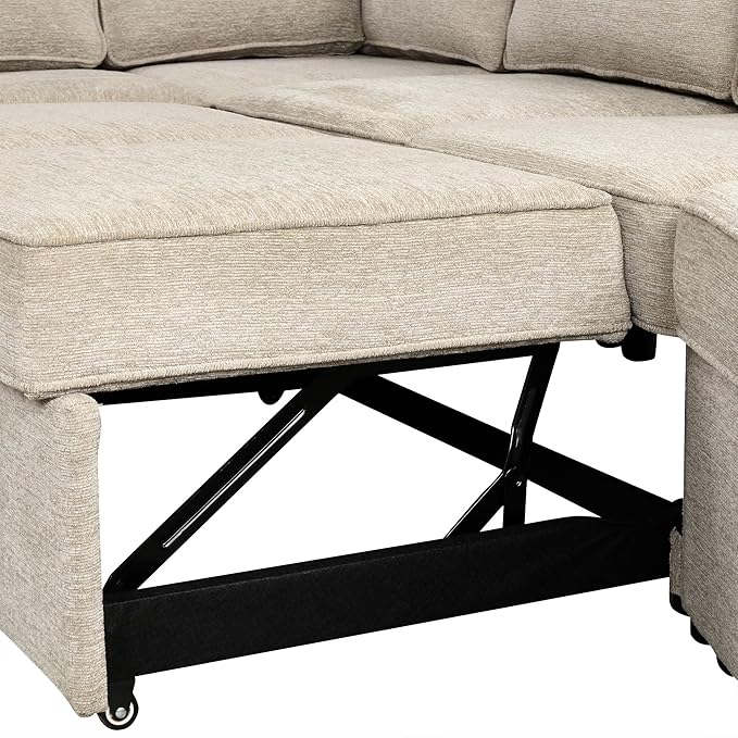 126" Extra Large Pull-Out Sofa Bed with Drop-Down Cup Holder Tables,L-Shaped Sectional Cozy Couch W/Charging Device,Convenient Sleeper Furniture Set for LivingRoom Apartment,Black Chenille