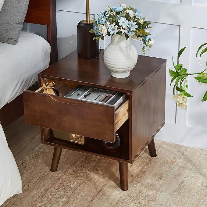Uniclinens Nightstand with Drawer and Opening Storage, Modern Solid Rubberwood Bedside Table for Bedroom, 19" Sofa Side Table End Tables Living Room, Walnut