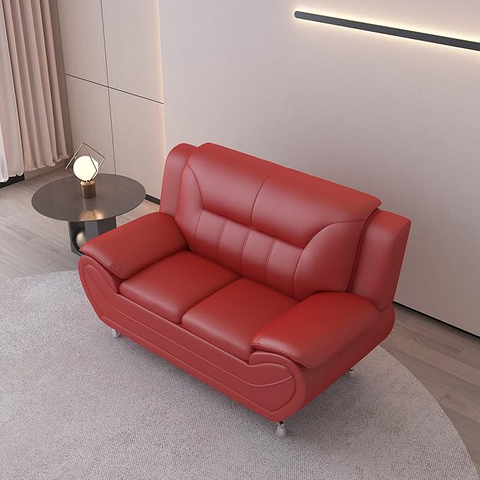 Container Furniture Direct Michael Modern Faux Leather Upholstered Stainless Steel Legs Living Room Sofa, Loveseat, Persian Red