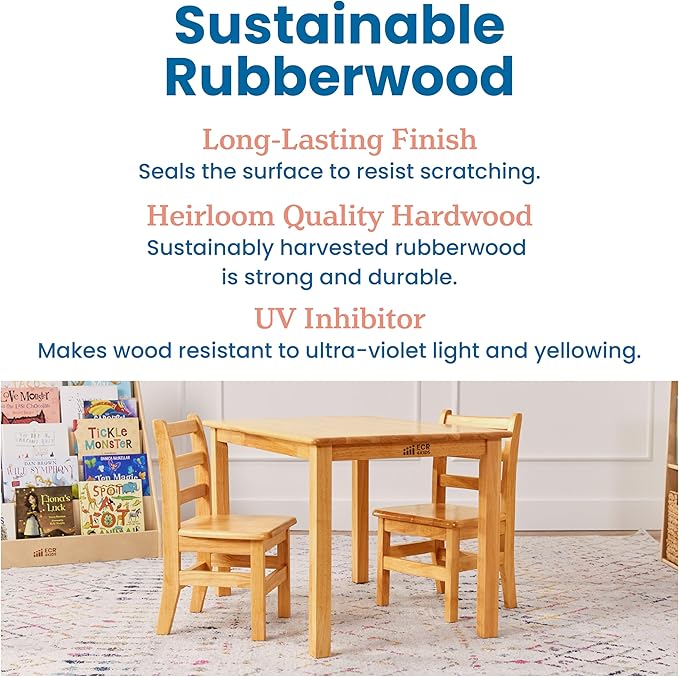ECR4Kids 24in x 24in Hardwood Table and Chair Set, 12in Seat Height, Kids Furniture, Honey