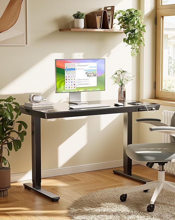 Marsail Glass Standing Desk with Drawer, 48 x 24 inch Electric Standing Desk, Height Adjustable Desk with One-Piece Tabletop & USB Charging Ports, Sit Stand Desk with Storage for Home & Office Black