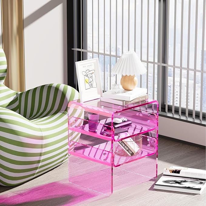 Clear Acrylic 3-Tier End Table/Nightstand – Sleek Bedside Storage with Durable Design, Perfect for Bedrooms, Living Rooms, or Modern Interiors – Ideal as a Bedside Table or Sofa Side Piece (Pink)