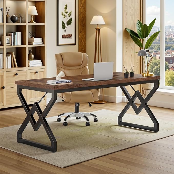 Tribesigns 63-inch Executive Desk, Large Office Computer Desk with Extra Thick Wooden Tabletop and Metal Frame, Modern Simple Workstation Writing Table Study Desk for Home Office, Vintage Brown