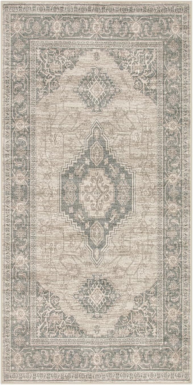 Lahome Oriental Small Area Rug, 2x4 Washable Entryway Rug Non-Slip Ultra-Thin Indoor Door Mat Distressed Throw Carpet for Kitchen Bedroom, Grey/Brown