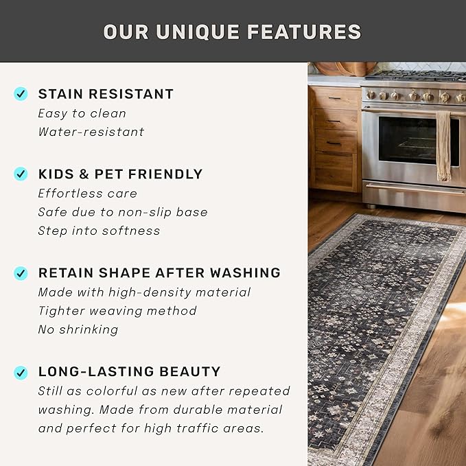Large 3x5 Entryway Rug Indoor - Washable Non-Slip Low Pile Ultra Soft Area Rug for Large Kitchen, Bedroom Bedside, Mudroom - Boho Modern Aesthetic Geometric Decor (3x5 Black/Multi)