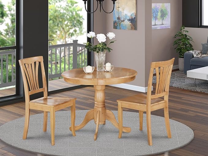 East West Furniture ANAV3-OAK-W 3 Piece Modern Dining Table Set Contains a Round Kitchen Table with Pedestal and 2 Dining Chairs, 36x36 Inch, Oak