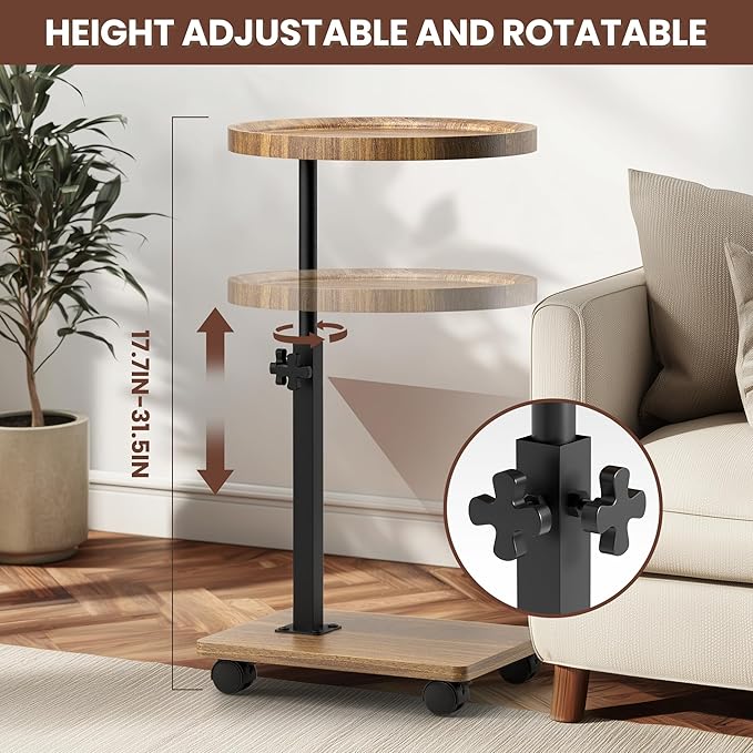 PPAMAPIC C Shaped End Table Adjustable Height, 360°Swivel TV Tray Table for Small Spaces, Side Table for Living Room, Couch Tables That Slide Under for Sofa Bed Chair