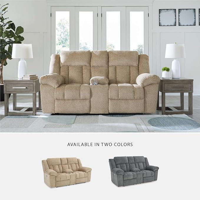 Signature Design by Ashley Tip-Off Classic Wall Hugger Power Reclining Loveseat with Adjustable Headrest, USB Ports, Storage and Cup Holders, Light Brown