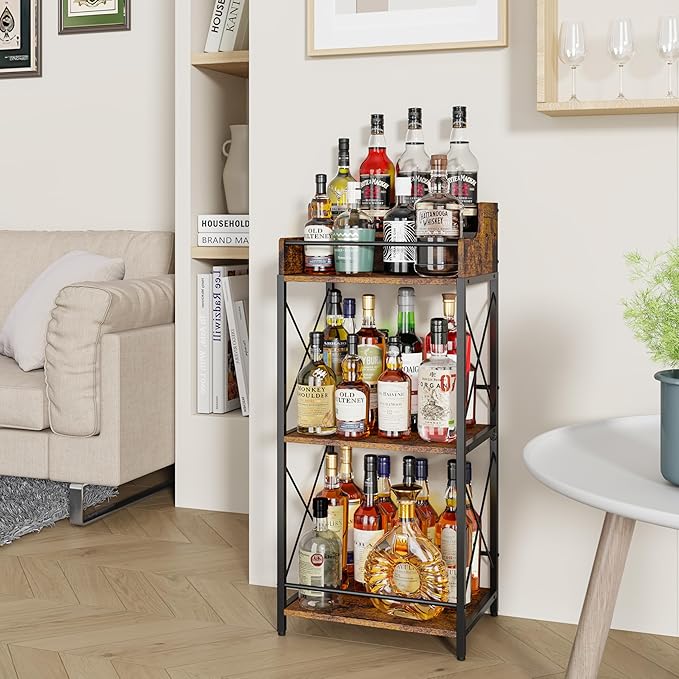KLM Liquor Bottle Display Shelf, Coffee Syrup Rack Organizer, 3 Step Countertop Wine Rack, Mini Bar, Retro Bar Shelf Stand for Whiskey, Spirits