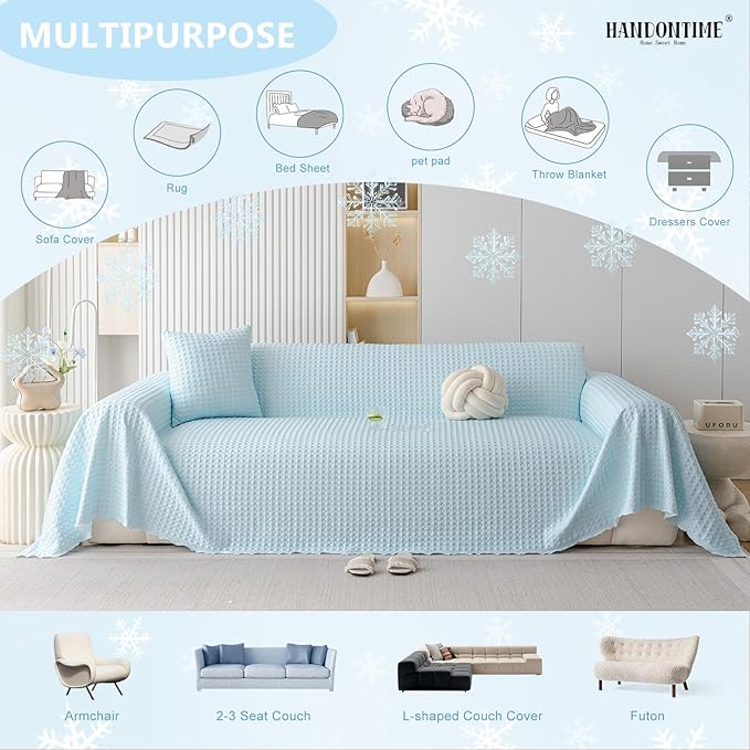 HANDONTIME Cooling Dog Couch Cover Ice Silk Washable & Breathable Pet Sofa Protector Durable Couch Covers for Sofa Pet Friendly Soft Dog Cooling Bed Cover Sofa Protector Covers (Baby Blue, 71"x150")