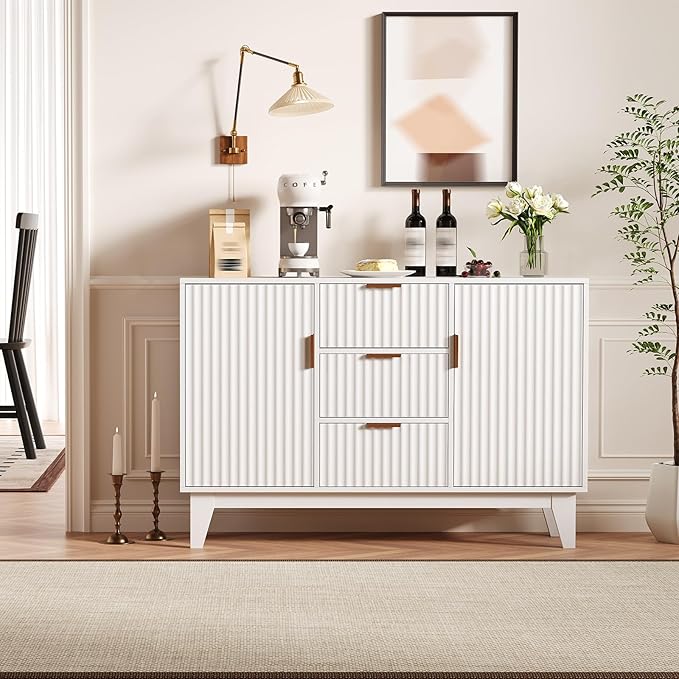 Garvee 47.2" Fluted Buffet Cabinets with Storage, Sideboard Storage Cabinet with 3 Drawers and 2 Doors, Modern Mid Century TV Stand Coffee Bar Furniture for Living Room, Kitchen, Entryway- White