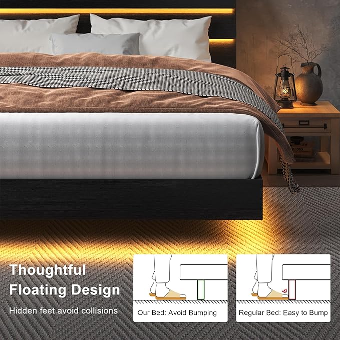 Feonase Floating Bed Frame Full with Led Lights and Charging Station, Wood Full Size Bed Frame with Storage Headboard, Heavy Duty Metal Slats, No Box Spring Needed, Easy Assembly, Noise-Free, Black
