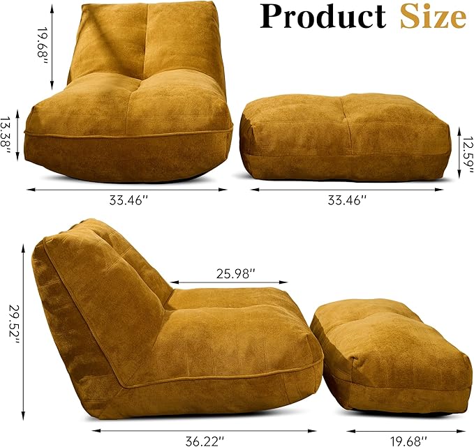 Bean Bag Chair with Ottoman, Comfy Bean Bag Sofa with Memory Foam, Lazy BeanBag Sofa with Footstool, Fireside Bean Bag Couch for Living Room, Bedroom, Apartment (Yellow)