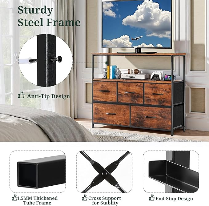 TV Stand, 5 Fabric Drawers Dresser Entertainment Center for TV up to 45 inch Wooden Media Console Table Storage Organizer with Open Shelf, for Living Room, Bedroom, or Small Space, Brown