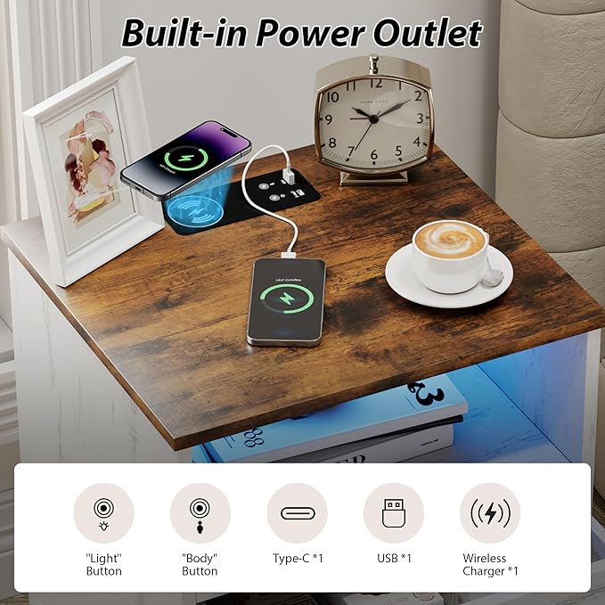 Farmhouse Nightstand with Charging Station and LED Lights, 25.6" H x 17.7" W x 15.7" D Wooden End Table with 2 Drawers, Smart Bedside Table for Dorm, Apartment, Small Space, Antique White