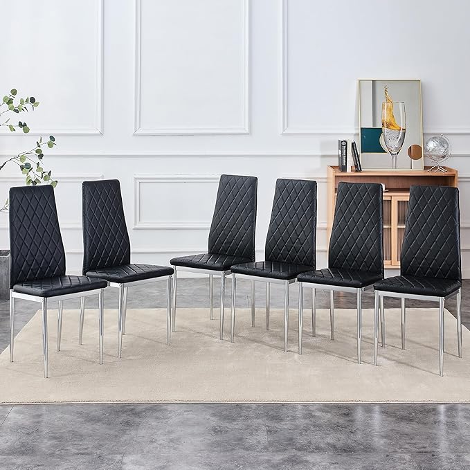 Modern Minimalist Dining Chair Fireproof Leather Sprayed Metal Pipe Diamond Grid Pattern Restaurant Home Conference Chair Set of 4 Or 6 (6, Jet Black)