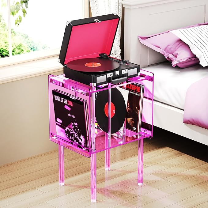 Acrylic Record Player Stand, with Vinyl Storage, Clear Acrylic Side Table, Pink (Pink)