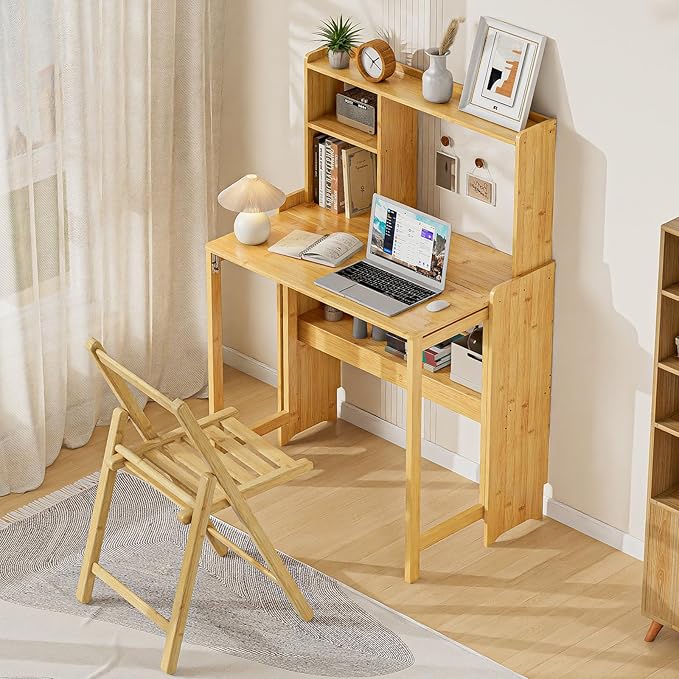 31.1" Bamboo Folding Desk with Bookshelf, Compact Computer Desk for Small Spaces, Foldable Study Desk with Storage Shelf, Space-Saving Home Office Desk for Bedroom, Dorm, Apartment,Natural