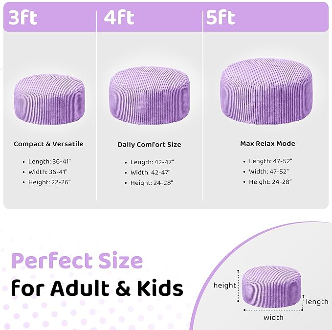 HABUTWAY 5FT Bean Bag Chair, 5' Large Bean Bag Chairs for Adults with Removable Stripe Plush Cover, Memory Foam Beanbag Chair for Living Room Bedroom Dorm (Purple)