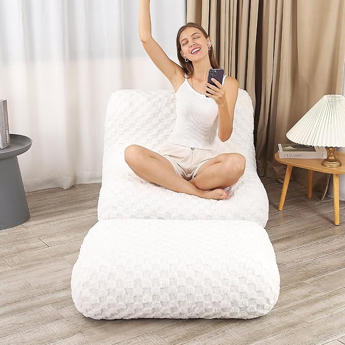 Bean Bag Chair with Footstool, Comfy Reading Sofa Chair for Adults, Modern Floor Sofa for Livingroom, Bedroom, Cream