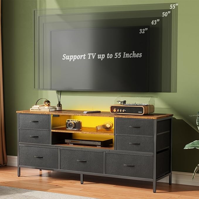 Huuger TV Stand Dresser with Power Outlets and LED Lights, 7 Drawers, 47 Inch Console, Rustic Brown and Black