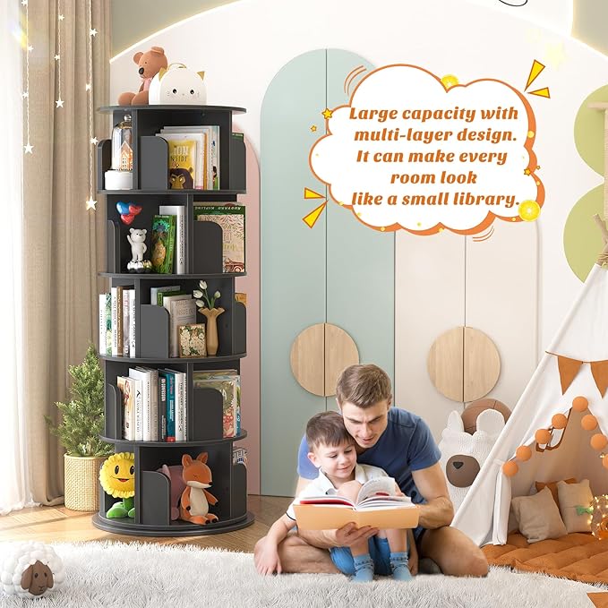 Aheaplus Rotating Bookshelf, 360 Display Wood Spinning Bookshelf Tower, 5 Tier Floor Standing Bookcase Storage Rack, Revolving Bookcase Corner Bookshelf for Small Space, Bedroom, Study Room, Black