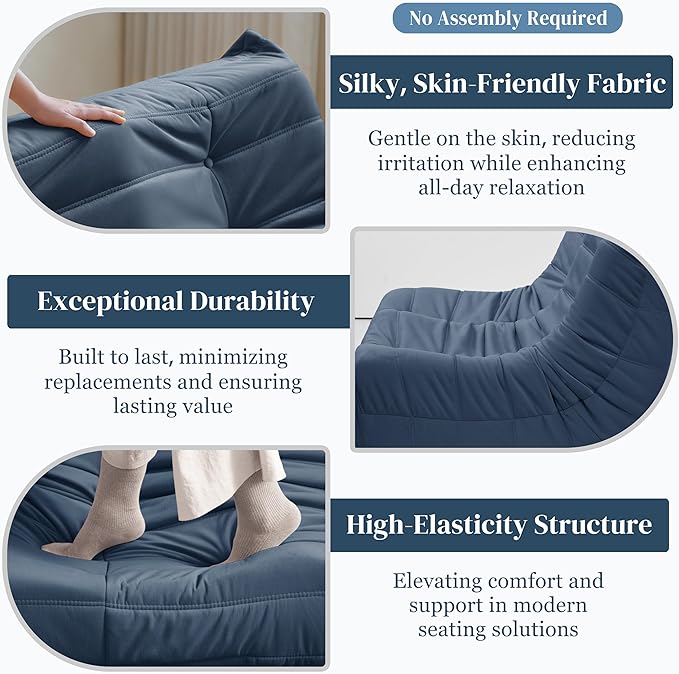 Bean Bag Chair, Loveseat Fireside Chair Bean Bag Sofa for Adults, 2 Seater Bean Bag Chairs for Teens with High-Resilience Foam, Memory Foam Bean Bag for Living Room, Bedroom, Office (Suede, Dark Blue)