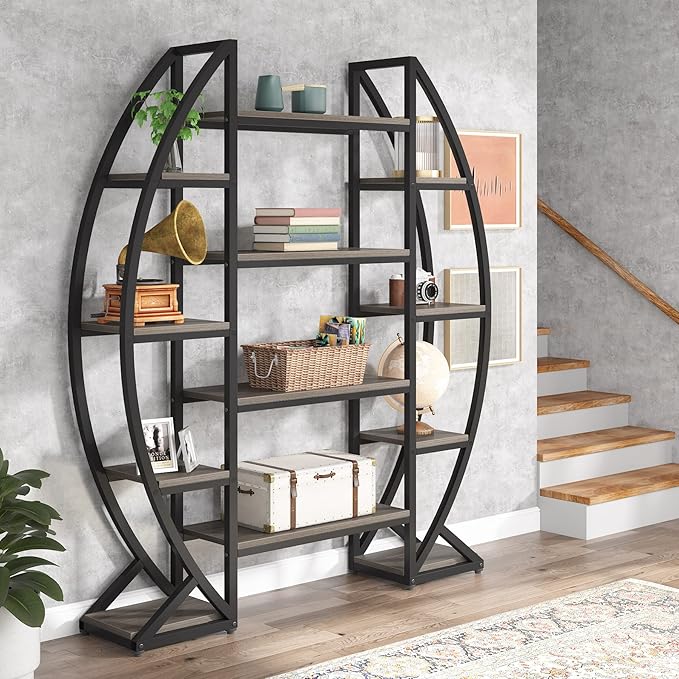 Tribesigns Oval Bookshelf, Triple Wide 5 Tier Etagere Bookcases, Industrial Display Shelves for Living Room (Gray, 55")